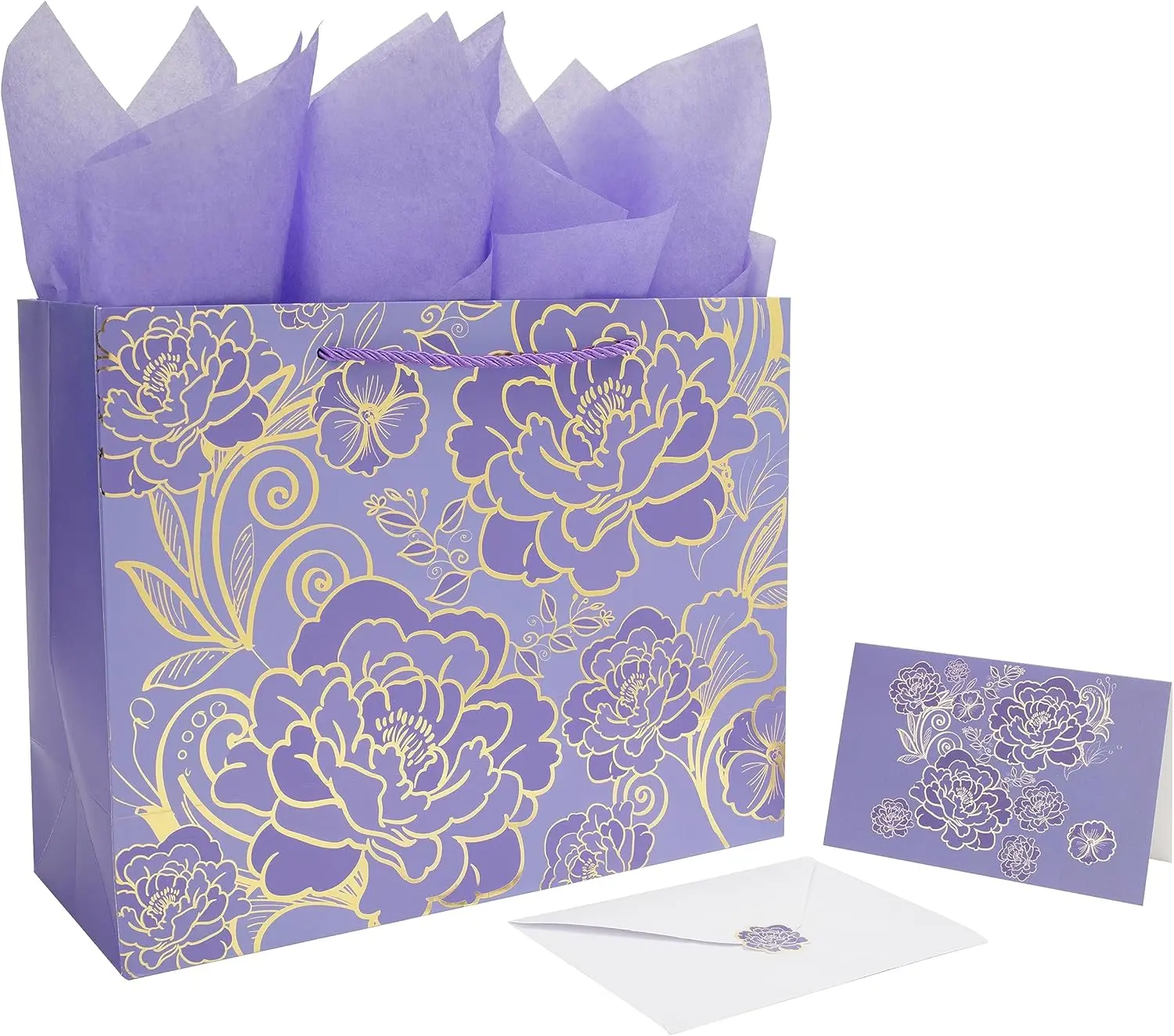 Large Rose Purple Gift Bag Set with Greeting Card & Tissue Paper Premium Gift Packaging for Women & Girls | Birthday, Mother’s Day, Valentine’s Day, Wedding & Anniversary Gift Bag