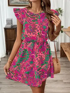 Women's Summer Floral Print Dress, Fashionable Tie-Waist Design, Elegant Butterfly Sleeve Pattern, Perfect for Casual Wear & Daily