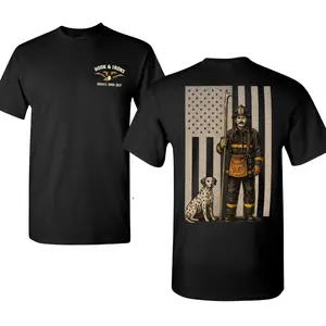 Hook & Irons Firefighter T-Shirt, Vintage American Flag Graphic, Soft Cotton Blend, Fireman & Dalmatian Design, Service Over Self Tee, Patriotic Gift for Men