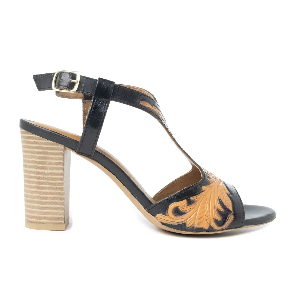 Women's Western Heels with Hand-Tooled Rose Pattern Genuine Leather, Featuring a Cushioned Sole and Flat Toe for Stylish Rodeo Wear, Slip On, Cowgirl, Padded Foam, Amber-Toned, Foam-Padded, French Grading Fit, 6 To 11, Handtooled Leather Accents, Slim Fla