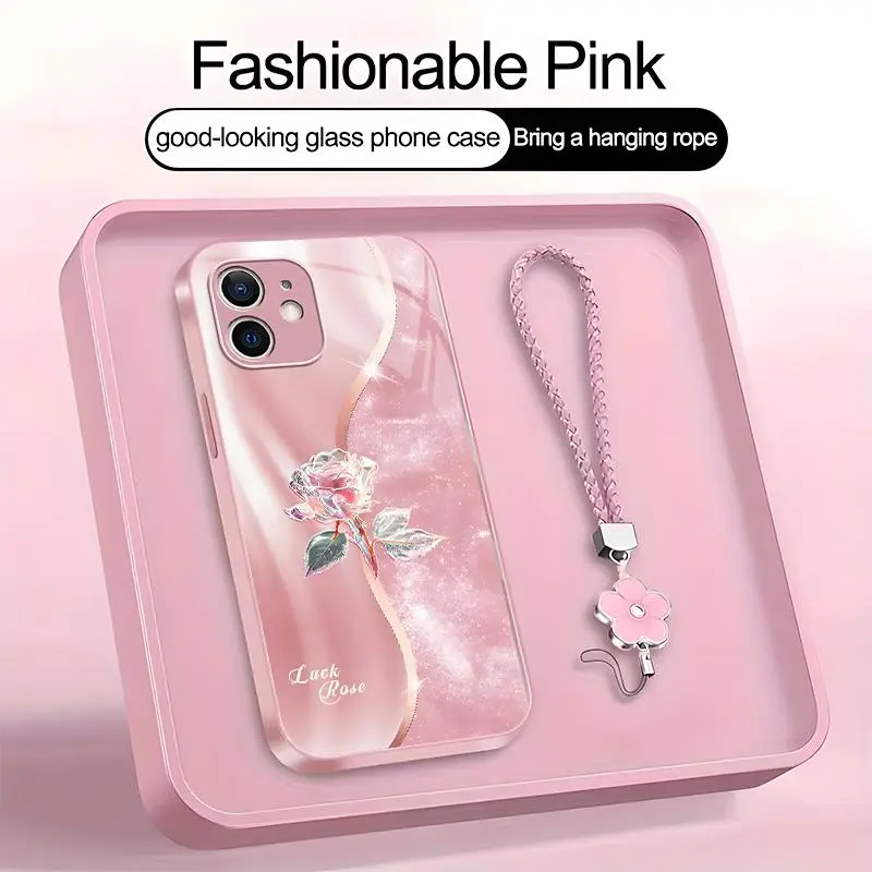 Suitable for [iPhone 12] high-end women's phone case🤩，a beautiful four-leaf clover lanyard is included🍀,high-quality crystal rose pattern with a sophisticated look, available in a variety of color YM99