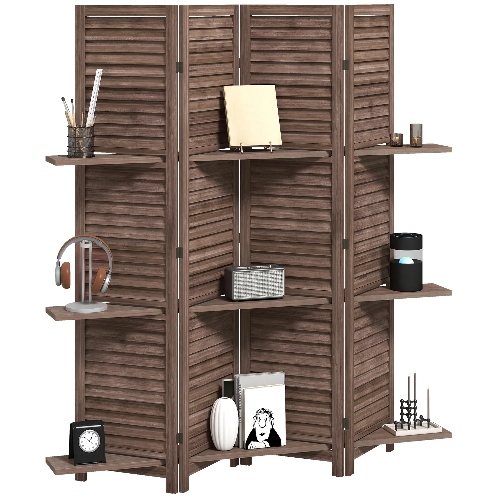4-Panel 67-Inch Walnut Wood Privacy Screen Room Divider with 3 Removable Shelves Folding Partition for Bedroom and Living Room