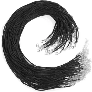 50 count Satin Silk Necklace Cord with Lobster Clasp and Extension Chain for Necklaces Making and Beading (18 Inches, Black)