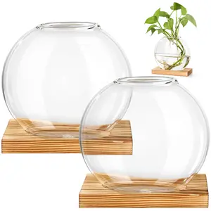 2PCS Plant Terrarium & Propagation Station – Transparent Desktop Glass Vase with Wooden Base, Ideal for Indoor Hydroponics, Live Plants, or Small Flowers. Smooth Opening, Thick Glass, Decorative for Coffee Table, Office, Bookshelf, Kitchen.
