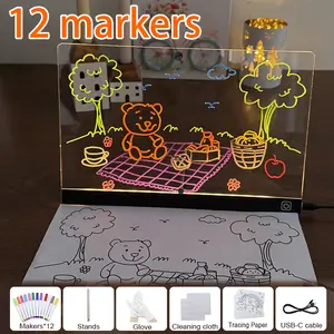 Acrylic LED drawing board 12Colors Markers Dry Erase Board Acrylic Stand Cleaning Cloths Tracing Paper Erasable Reusable Light Up Note Board with  Kids Learning Message Sign Novelty Lighting for Office School Home Ideal Gift for Birthday