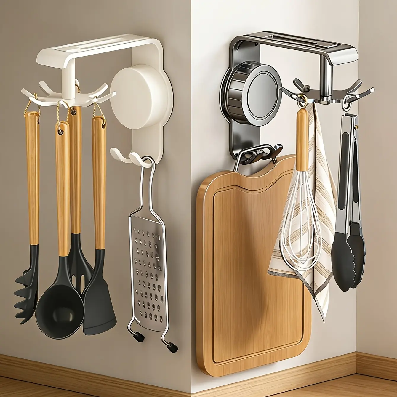 Suction cup kitchen storage rack, no drilling required for installation, 360-degree rotating hooks, space-saving, durable plastic material, multi-functional storage rack, adjustable hooks