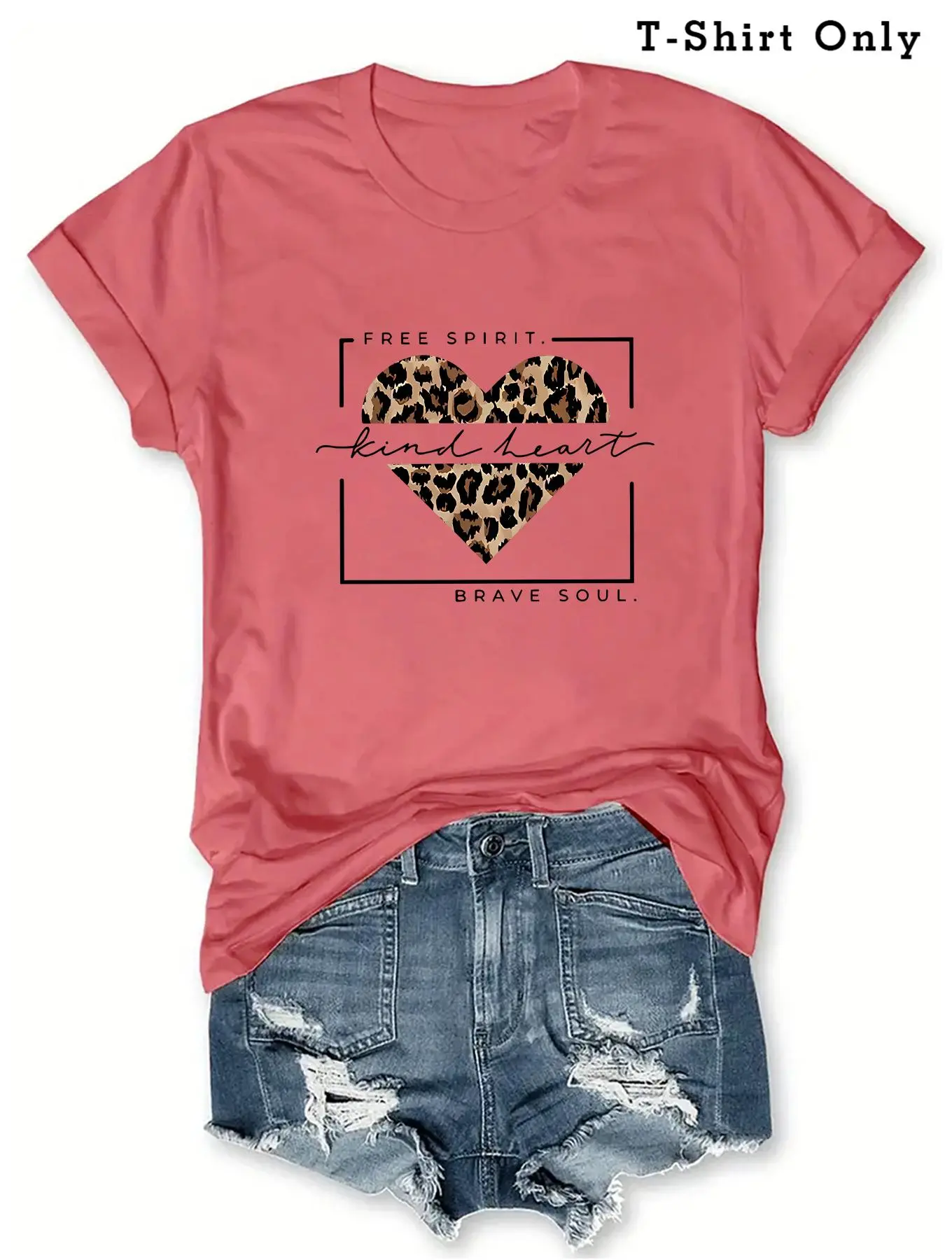 [Plus Size] Leopard Heart Print Round Neck Tee, Fashion Casual Fitted Crew Neck Short Sleeve T-shirt for Daily Outdoor Wear, Women Plus Clothing for Summer, Womenswear, Love, Casual Basic Tees, Casual Fashionable Top