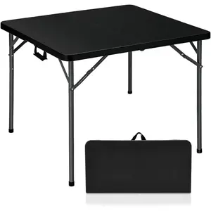 34" Square Folding Table, Plastic Commercial Folding Card Table with Collapsible Legs for Kitchen or Outdoor Party Wedding Event Indoor Outdoor Use, Black
