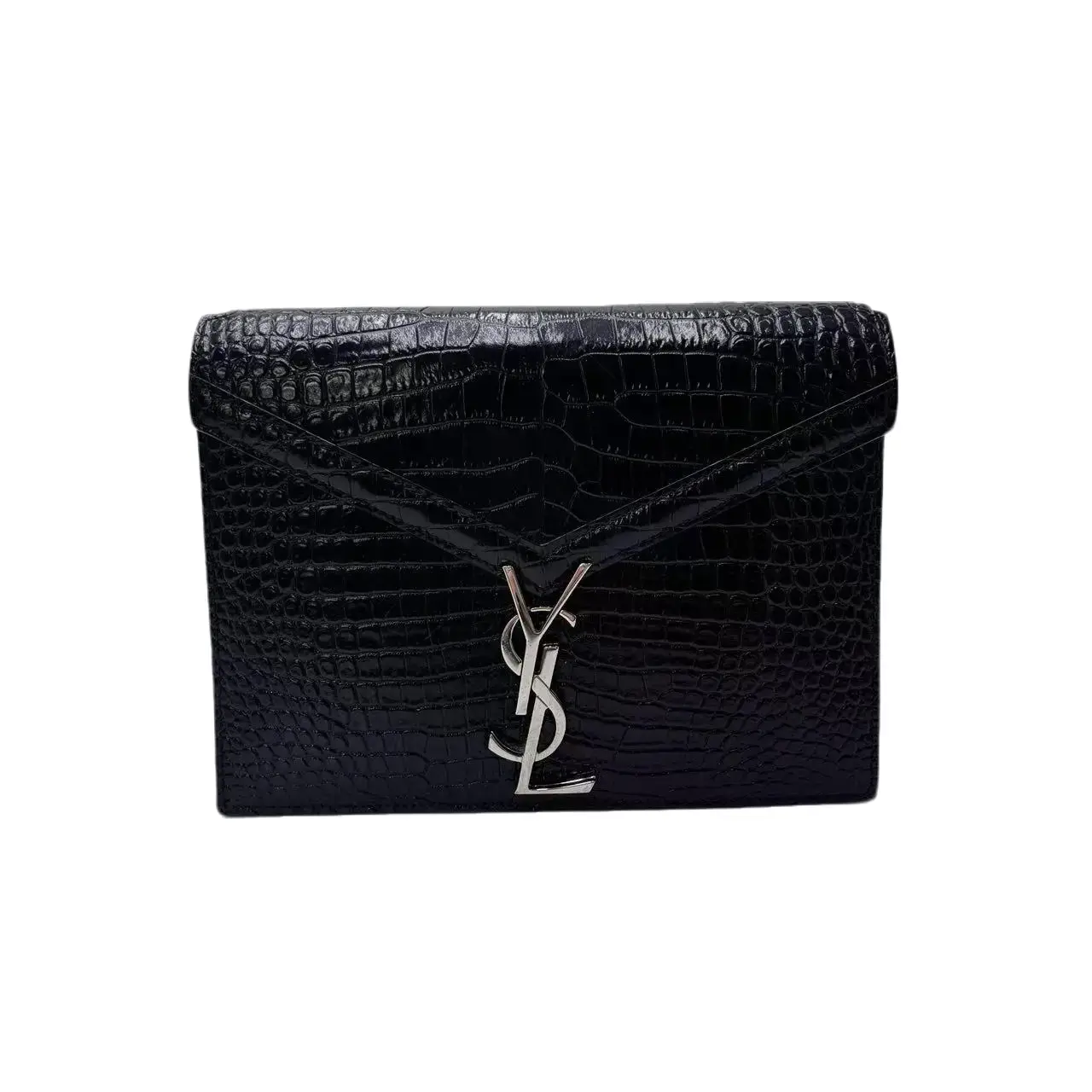 Pre-owned Yves Saint Laurent leather Crossbody Bags Black Shiny Cassandra Envelope Flap Shoulder Crossbody Bag Silver YSL Logo Hardware For Women