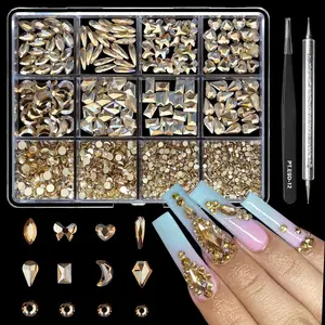 1660Pcs Champagne Nail Art Rhinestones: 8 Types of Multi Shapes Diamonds + 4 Sizes Flatback DIY Crafts Rhinestone Crystals 3D Glass Stones Set + Tweezer + Pickup Pen