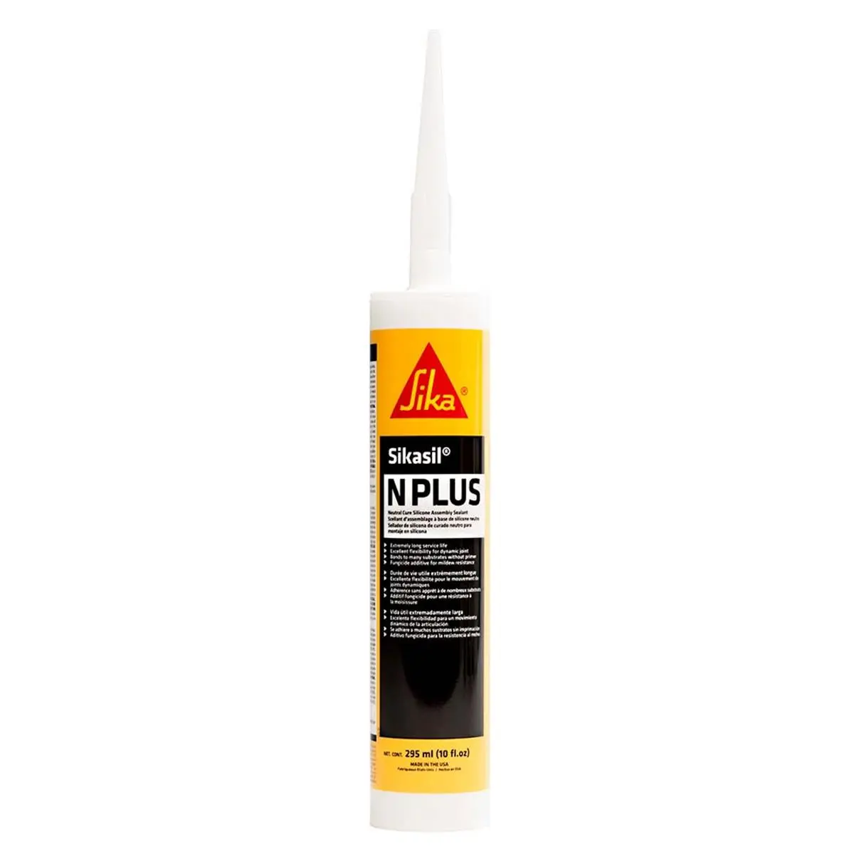 Sika 10 oz Sikasil N Plus Nozzle - White, AAMA Certified, Elastomeric, Grade NS, 100% RTV Neutral Cure, Class 25, Class A Can/CGSB-19.13-M87, No Priming Required, Multipurpose for Window Backbedding, Bonds to Most Substrates, Long Service Life, Convention