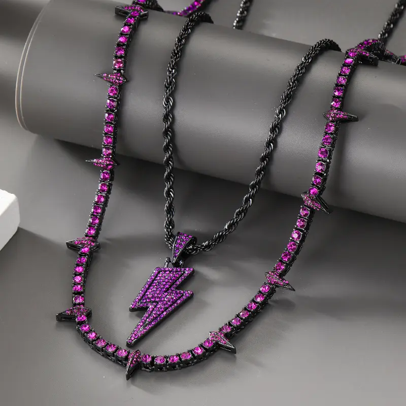 18K Thick Gold Vacuum Plated Hip Hop Black Panther Necklace Stacked Dark Style Eco-friendly Alloy Inlaid Diamond Rose Lightning Pendant Daily Matching Birthday Gift Party Rock Jewelry