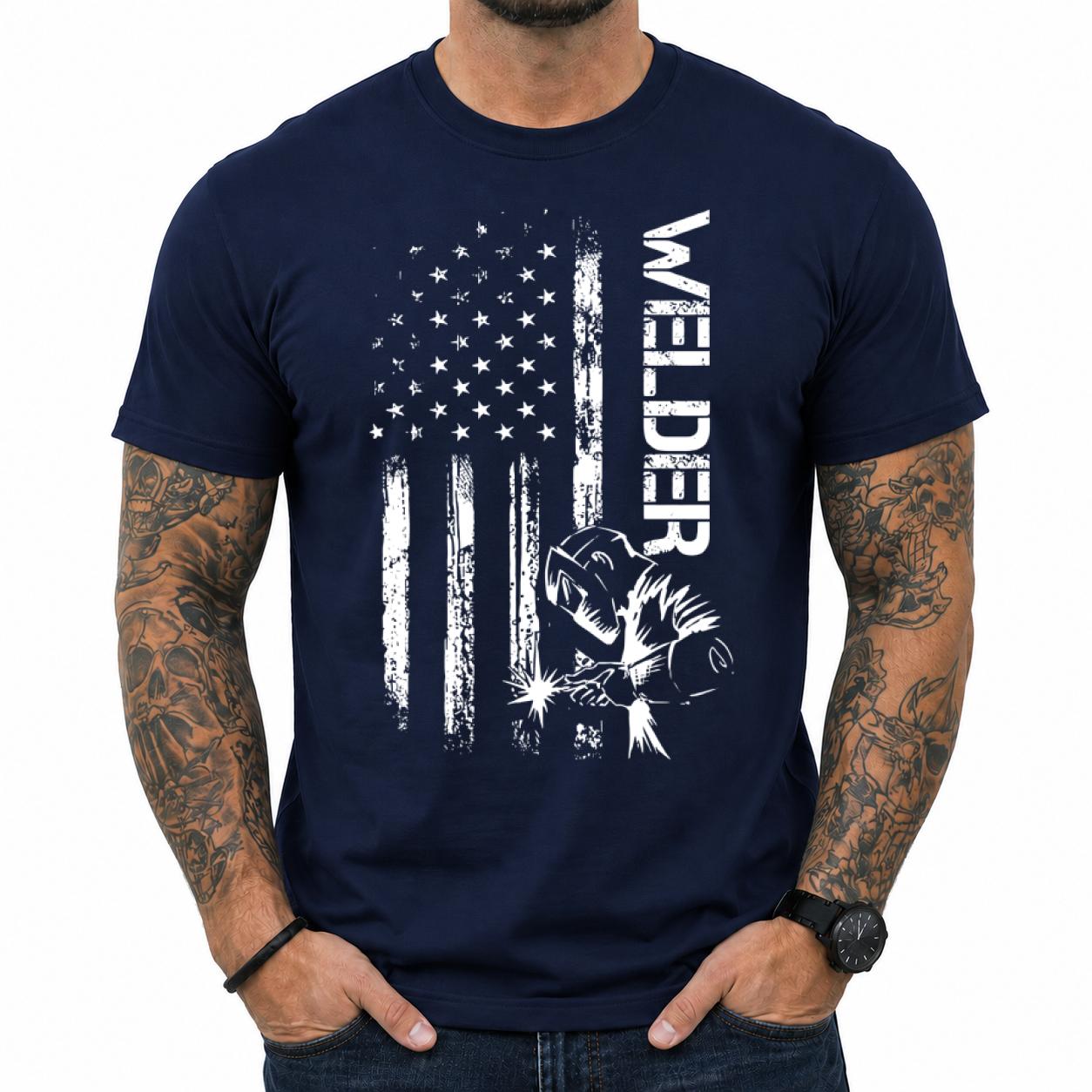 Welder American Flag T-Shirt, Patriotic Welding Graphic Tee for Blue Collar Workers, Metal Fabrication Workwear Shirt, Rugged USA Welder Gift for Men and Women