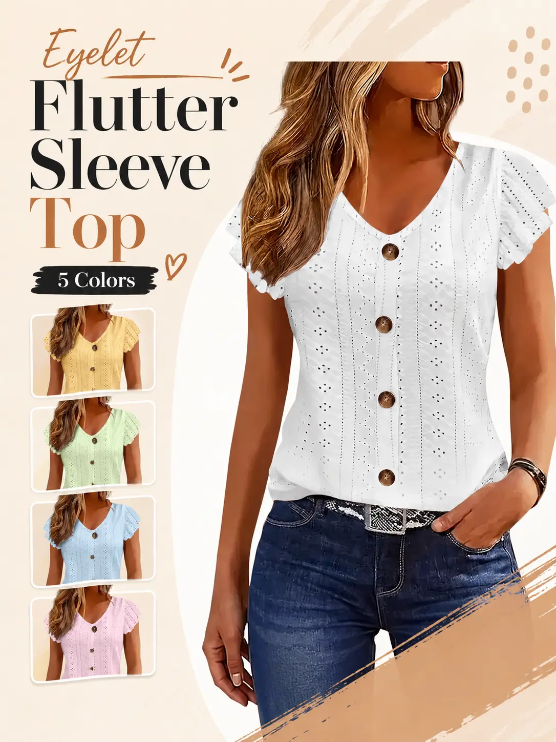 Women's V Neck Tops Eyelet Flutter Sleeve Jacquard Shirts Button Down Casual Summer Blouses 2026