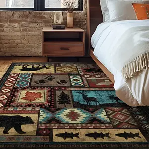 YIHOUSE Halloween & Christmas Living Room Rug Machine Washable Waterproof Non-Slip Vintage Tribal Style Pet-Friendly Low-Pile Country Cottage Design with Bear & Deer Motifs Eco-Friendly for High-Traffic Areas