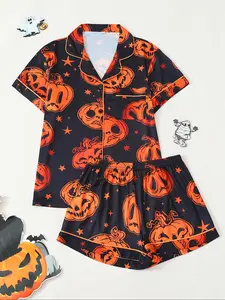 Women's Halloween Pumpkin Print Pajama Set, Comfortable Short Sleeve Shirt & Elastic Shorts, Casual Home Wear for All Seasons