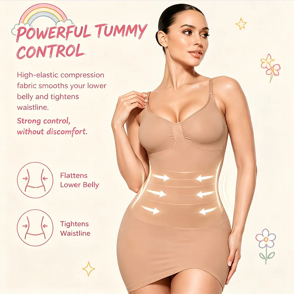 Women's Lady Basic Clothes Summer Exclusive Seamless Tummy Control Bodycon Dress - Smooth Sculpting Mini Slip Dress with Lifted Booty Effect, Adjustable Straps & Firm Tummy Support for Sleek Silhouette