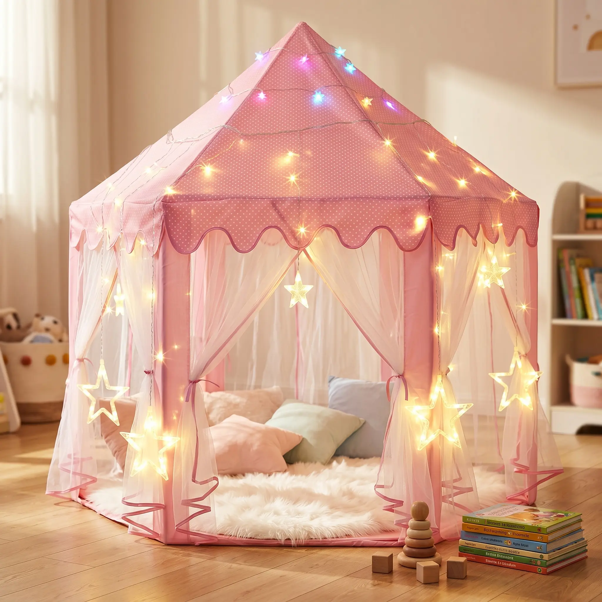 Apojungle Pink Princess Theme Play Tent for Girls - 53”x54” Hexagon Playhouse, Breathable Mesh, Sturdy PVC Frame, Easy Setup Indoor Outdoor Tent for Toddlers (Bedroom, Backyard) for Holidays, Birthdays, Fits 3 Kids (No Star Lights Included), Living Room