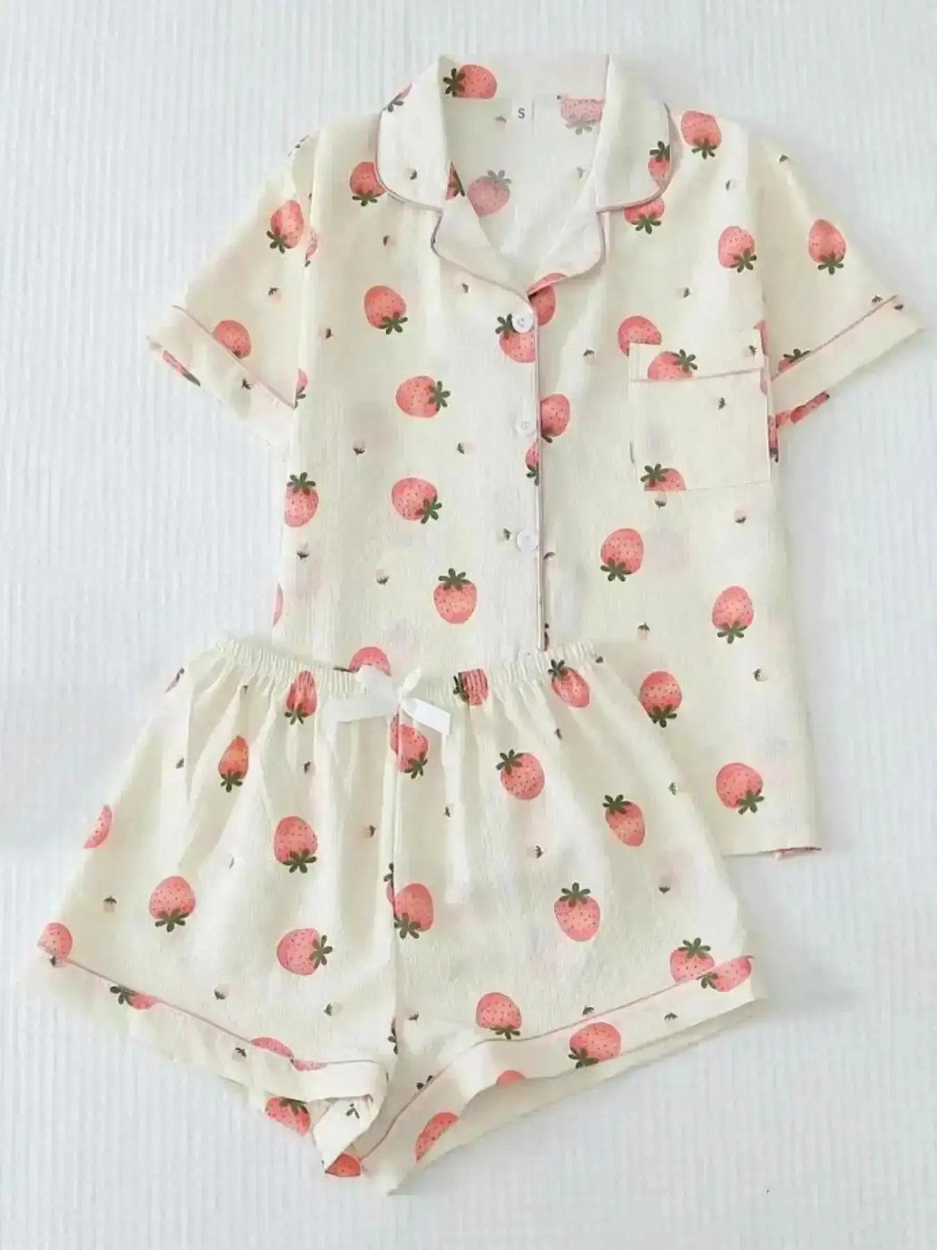 Women's Cute Strawberry Print Top & Shorts Pyjama Two-piece Set, Casual Comfy Short Sleeve Top & Shorts Pj Set, Ladies Summer Sleepwear Pajamas Loungewear, Trendy Coordinated Outfit