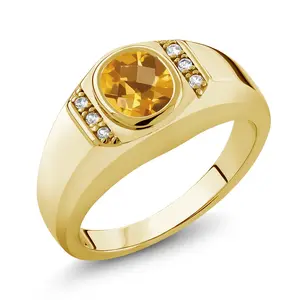Oval Checkerboard Yellow Citrine White Created Sapphire 18K Yellow Gold Plated Silver Men's Ring 1.31 Ct