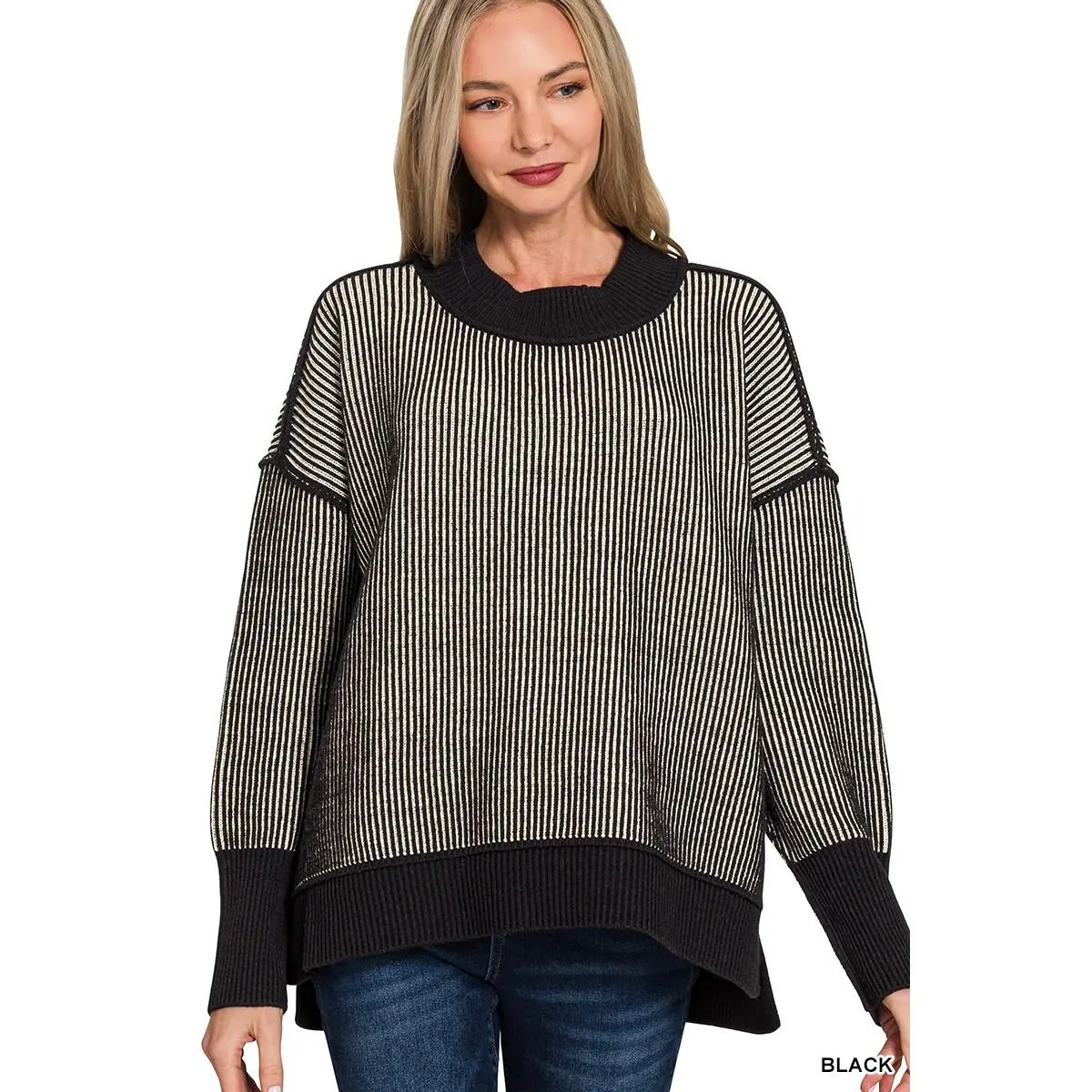 Zenana Exposed Seam Two Tone Ribbed Sweater