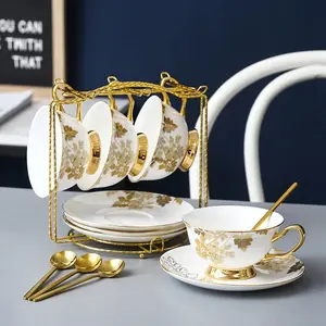 European Ceramic Mug Light Luxury Afternoon Tea Coffee Cups Living Room Desktop Golden Stroke Home Flower Tea Cup and Saucer Set