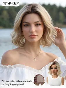 MONO 5×5.5 Short Layered Ombre Light Blonde 10 Inch Natural Wig with Brown Roots, Voluminous and No Bangs, Daily Style, Natural Looking Wig, Synthetic Lace Front Wig for Women, Breathable and Easy to Wear, Wavy Ombre Wig, Synthetic Lace Wigs