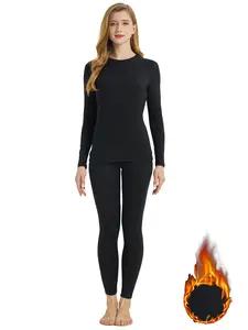 Women's Fall Winter Thermal Underwear Set, Round Neck Long Sleeve Fitted Warm Clothing, Casual Skiing Base Layer