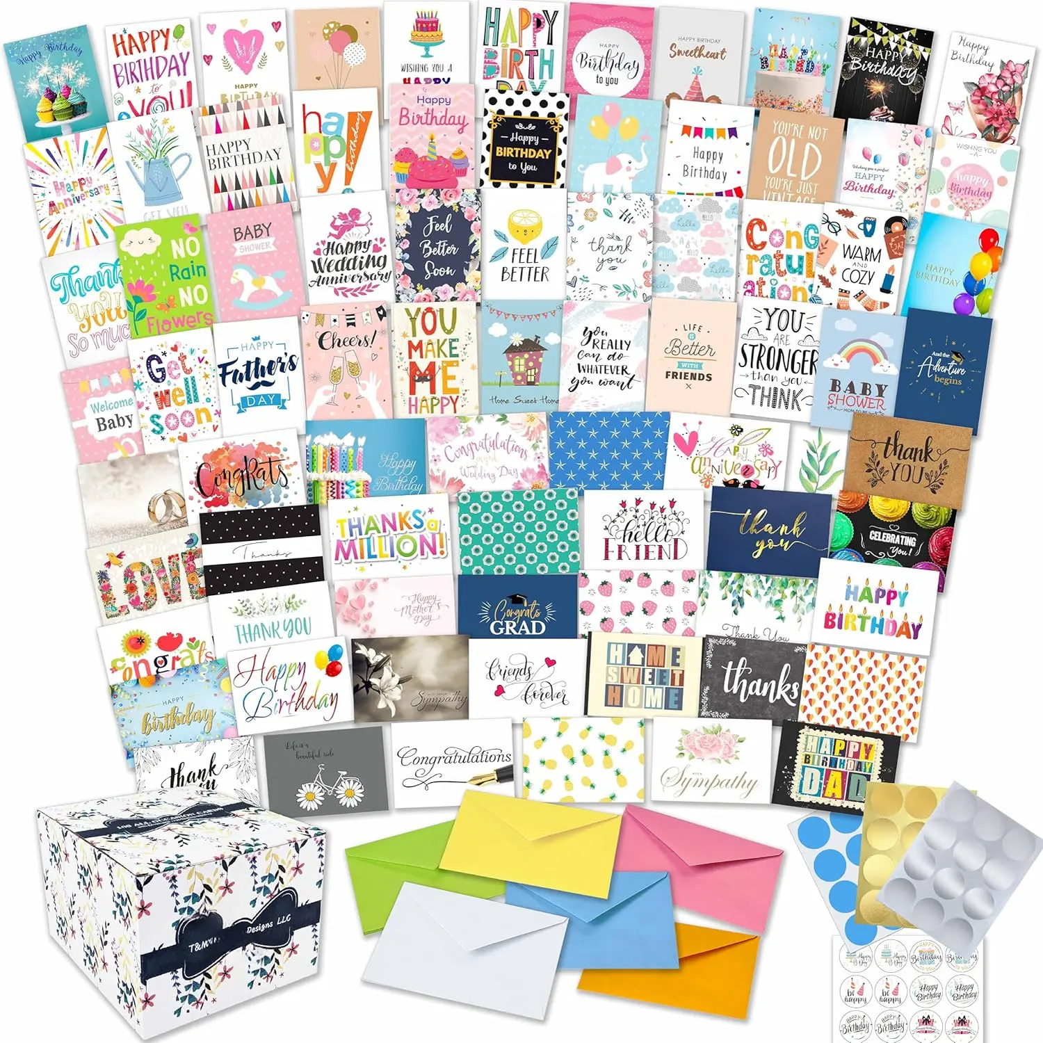 100 All Occasion Cards Assortment Box with Envelopes and Stickers - Large 5x7 Inch Bulk Greeting and Blank Notes, 100
