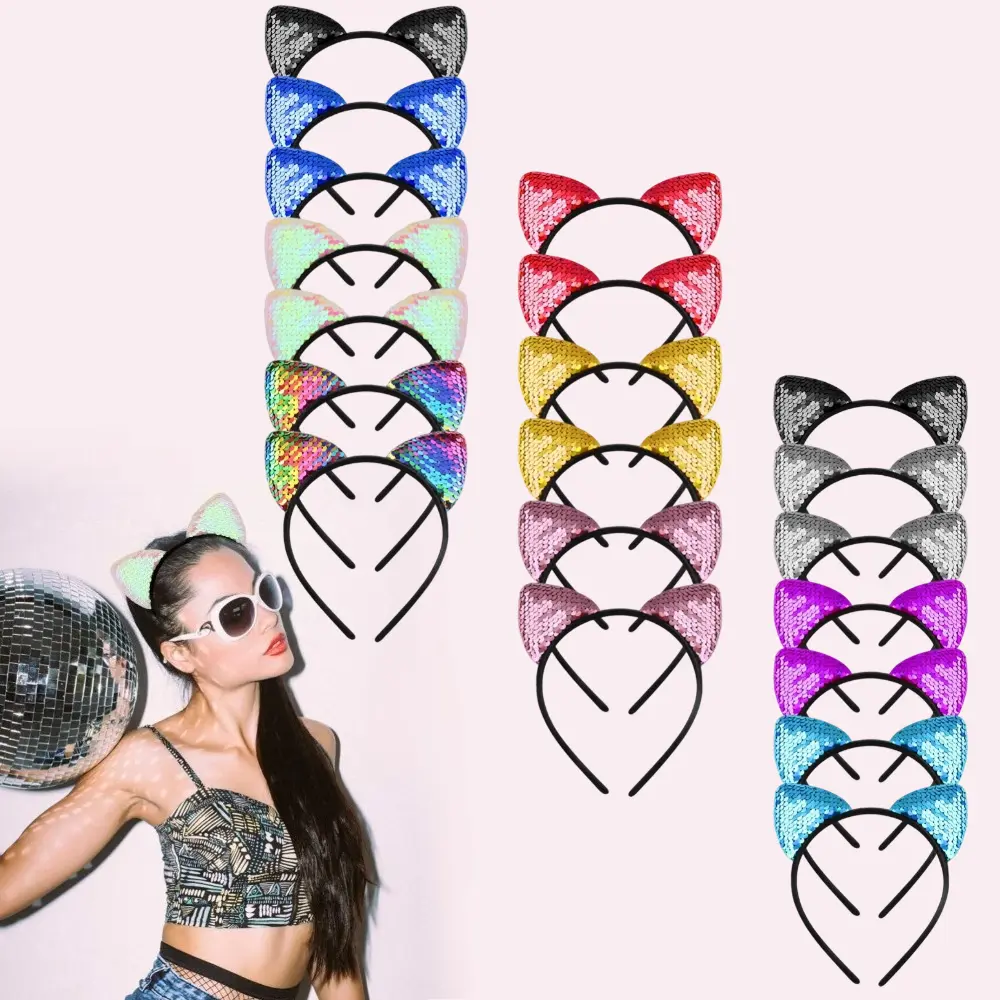 12 Pcs Colorful Sequin Cat Ear Headband Bundle – Hair Hoops for Girl’s Costume Play, Carnival Events, and Party Guest Favors