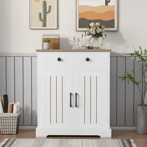 Modern Kitchen Storage Cabinet, Small Sideboard with Storage, Floor Buffet Sideboard with 2 Doors & Drawers, Multifunctional Coffee Bar for Living Room, Dining Room, Bathroom, White