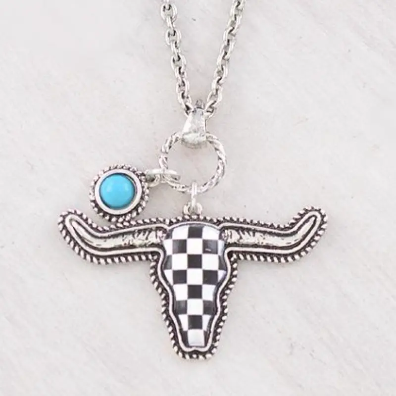 Checkered Cow Skull Necklace 18L Pendant 1.75 x 1 Lobster Claw Closure with Extending Hooks for Stylish Accessory