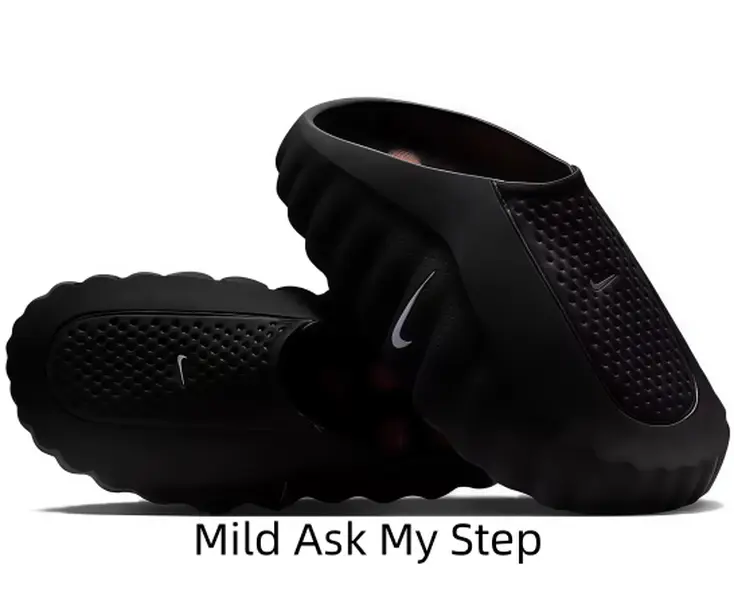 Minimalist Solid Black Sport Slides Matte Textured One-Piece Surface Chunky Anti-Slip Wavy Edge Soft Massage Footbed Daily Walking Casual Sandals