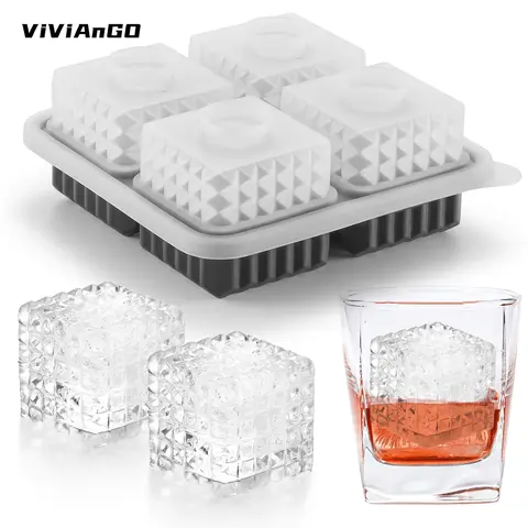 ViViAnGo Large 3D Square Silicone Ice Cube Tray with Funnel Pour Ease - Freezer Tray, Whiskey Mold, Cocktail Accessories, Adult Bar Utensil, Bourbon Gift for Men