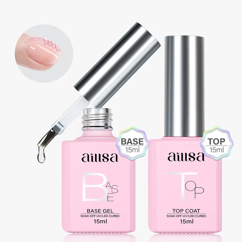 AILLSA 15ml 2-Piece No Wipe Gel Base and Top Coat Set, UV/LED Cure, 21+ Day Long-Lasting Glossy Shine, Healthy Formula for Adults’ Manicure at Home (Acrylic, Dip Powder, Natural Nails), Nail Supplies, BackToSchool SohoChic