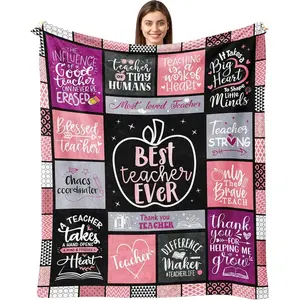 Best Teacher Ever Patchwork Teacher Quote Fleece Blanket,Boho Pink & Black Teacher Throw Blanket,Teacher Gift for Women Female,Teacher Appreciation Birthday Gift,Teachers Thank You Gift Throw Blanket