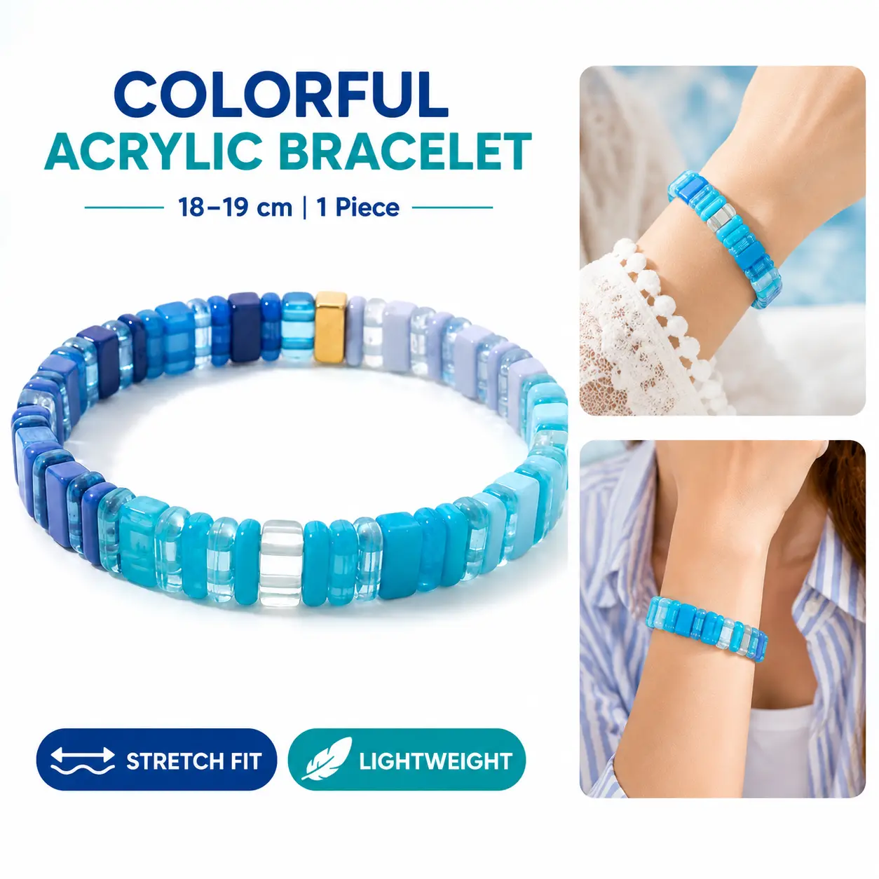 Blue Acrylic Beaded Stretch Bracelet for Women, Blue & Aqua Rectangular Beads, Lightweight Stackable Bracelet for Everyday Wear