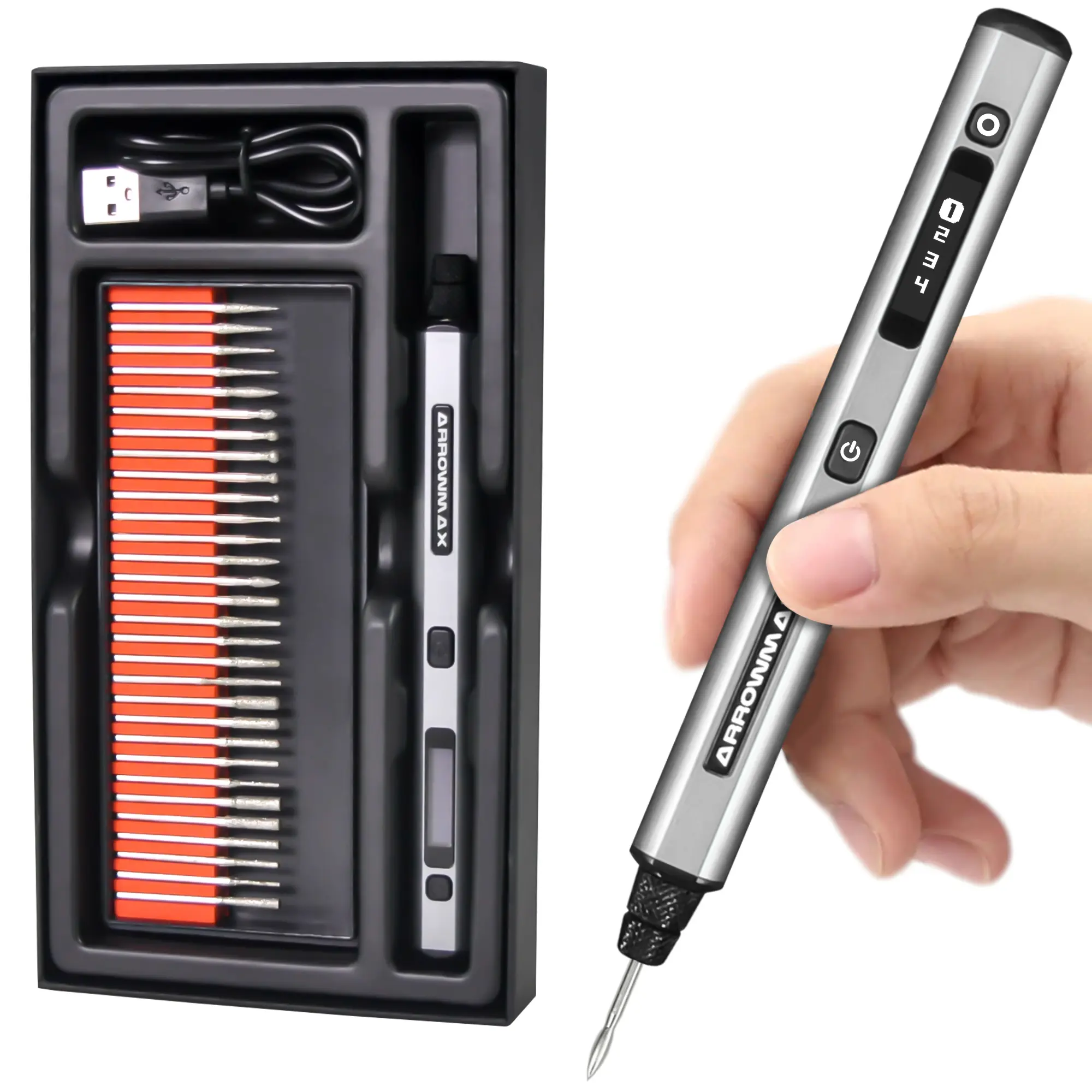 Am Arrowmax Wireless Cordless Electric Engraving Pen Set with 30 Heads, Suitable for Metal Wood Plastic Glass, Precision Carving Tool Kit