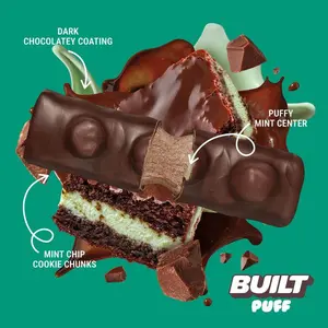 BUILT - Mint Brownie Chunk Puff Protein Bar, 15g Protein, 12 bar.