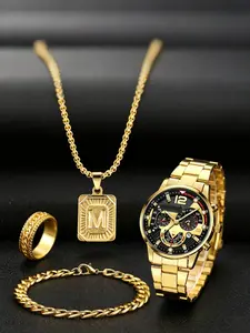 Men's Quartz Watch Set with Letter Pendant Necklace, Chunky Chain Bracelet & Ring, Fashionable Hard Style Accessory Jewelry Set