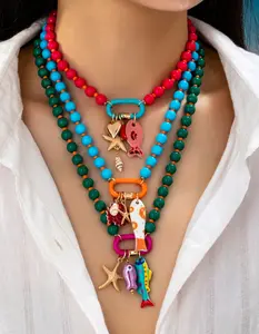 Boho Multi-Layer Beaded Necklace with Colorful Fish & Starfish Charms – Summer Beach Jewelry