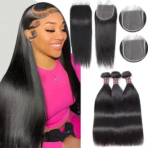Uwigs 4x4 Straight Human Hair Closure & 3 Weft Hair Extensions Bundles, Can Be Dyed, Bleached, or Permed for Outdoor Use