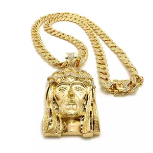 Hip Hop Gold Silver Plated Jesus Head Large Pendant & 15mm 16"~ 30" Iced Cubic Zirconia Cuban Chain Necklace Daily Birthday Male Anniversary