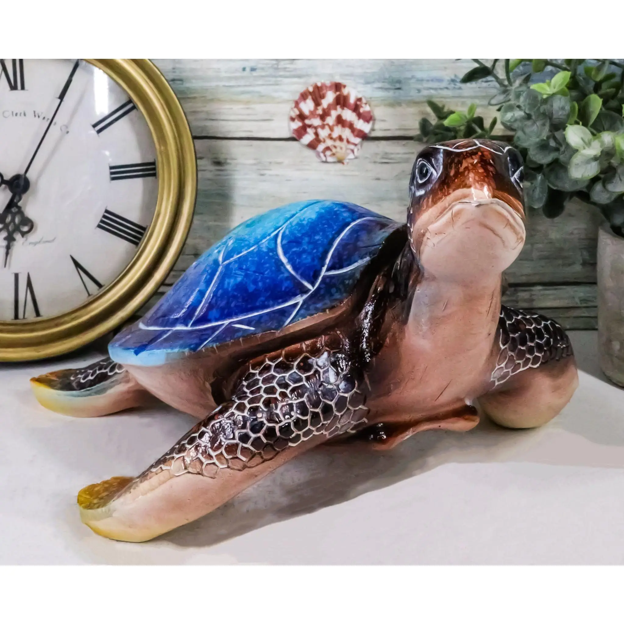 Giant Sea Turtle Figurine, Nautical Ocean Blue Hues, 9.5" Long Tortoise, Handpainted Resin Decor, 1 lb Home Decor Statue for Home Supplies, 1 Pound