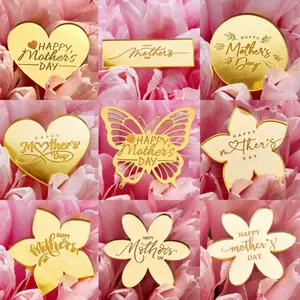 Happy Mother's Day Cupcake Toppers,Gold Mirror Acrylic-Disc Heart Cake Engraved Cake Topper Cupcake Decorations for Mother's Day