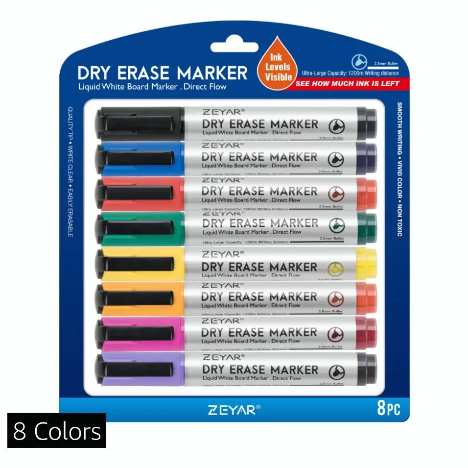 ZEYAR Dry Erase Marker Low-Odor Bullet Tip, Whiteboard Marker Ultra-Large Capacity, Advanced Direct Flow Structure, Assorted Colors (8 Colors)
