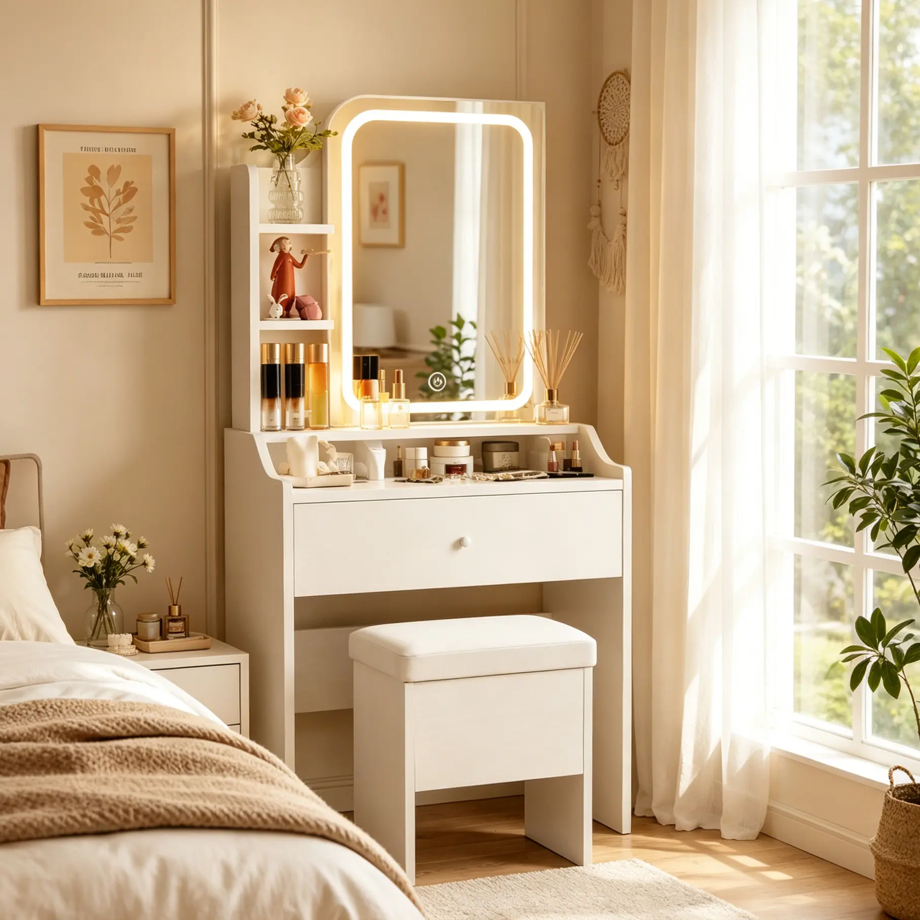 Small Makeup Vanity with LED Backlit Fold-Up Panel Mirror, Padded Stool, Drawers, Storage Shelves, Adjustable Design - Girl Room Decor, Apartment Furniture