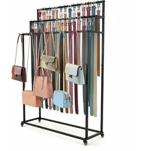 Belt Rack, 3-Tier Belt Organizer with 42 Hooks & Wheels, Tie Rack & Bag Rack for Retail Display, Multi-Layer Belt Hanger & Tie Hanger for Store (Black)