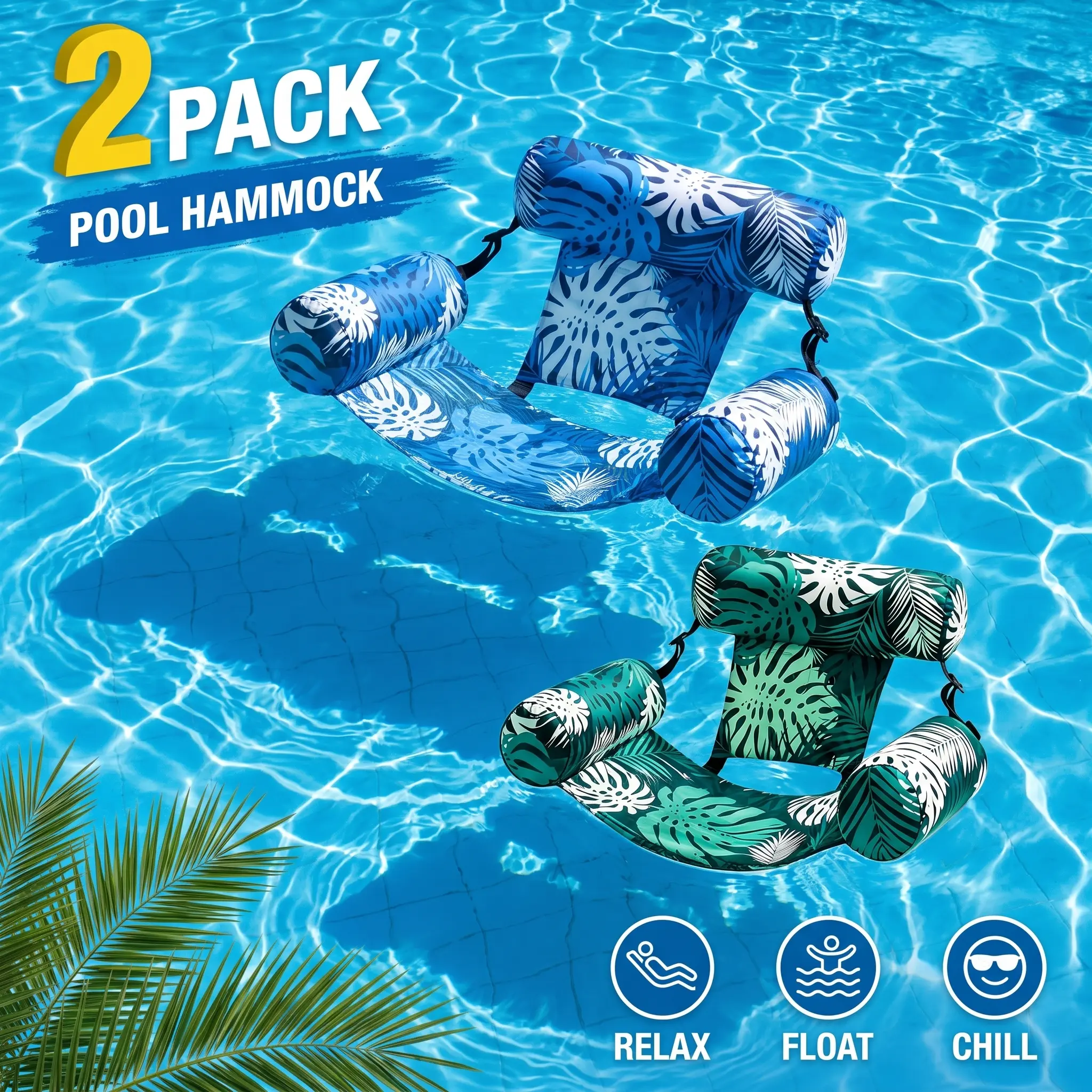 2-Pack Adult Inflatable Pool Hammock Floats, Semi-Submerged Lounge Chair with Backrest, Lightweight Easy-to-Carry Water Toy for Lake Beach, Summer Vacation Essential Raft