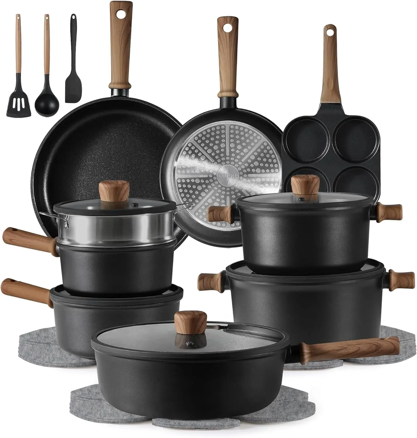 24Pcs Nonstick Kitchen Titanium Cookware Sets, Non stick Pots and Pans set, Induction Cookware Set Black Aluminium